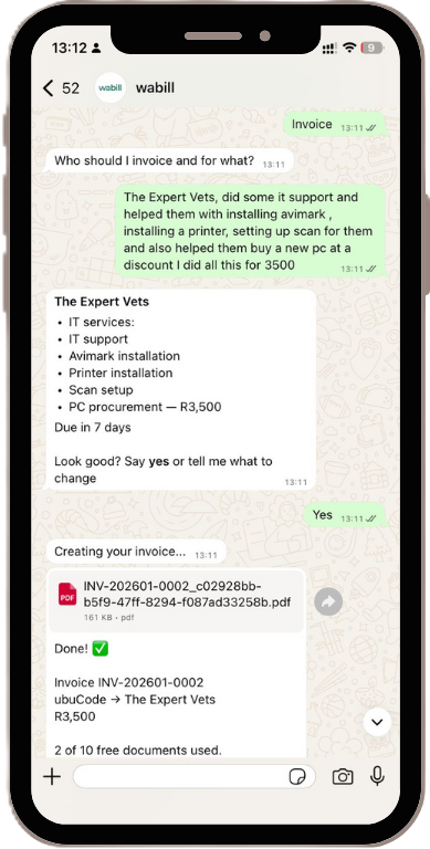 Wabill WhatsApp invoice conversation
